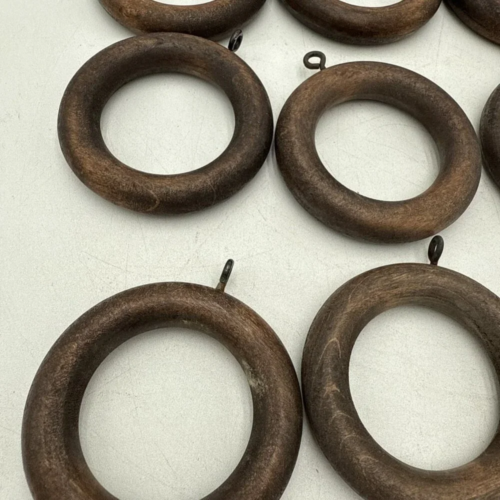 Solid Wood Curtain Rings Lot 10 Brown Drapery Rod Hooks 1.75